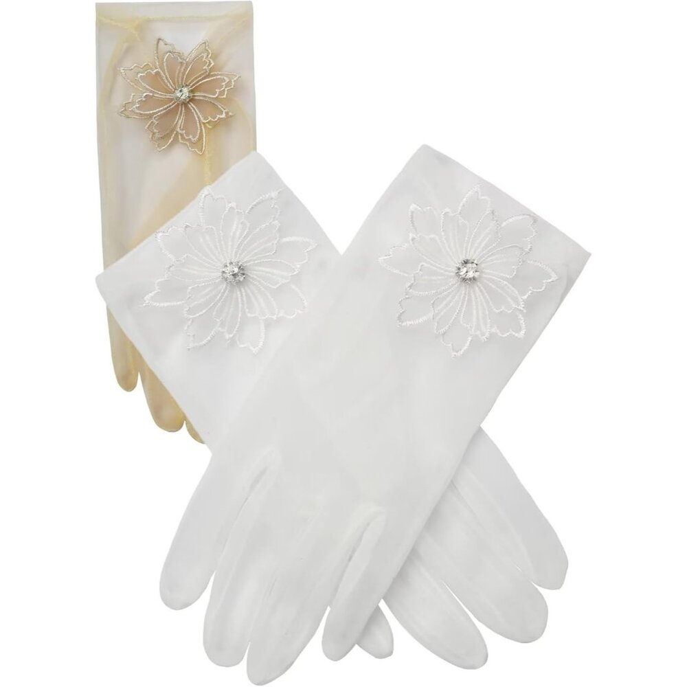 Women's Floral Champagne Diamond Flower Gloves Tulle Tea Opera Party Elegant - Picture 4 of 6